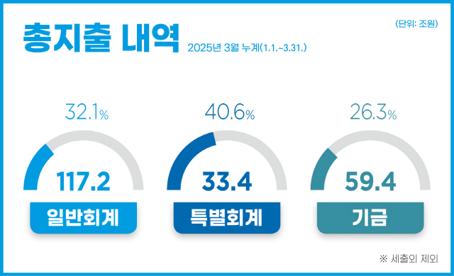 총지출 내역 2025년 3월 누계(1.1.~3.31.)
- 일반회계 : 117.2조원(32.1%) 
- 특별회계 : 33.4조원(40.6%) 
- 기금 : 59.4조원(26.3%)
※ 세출외 제외