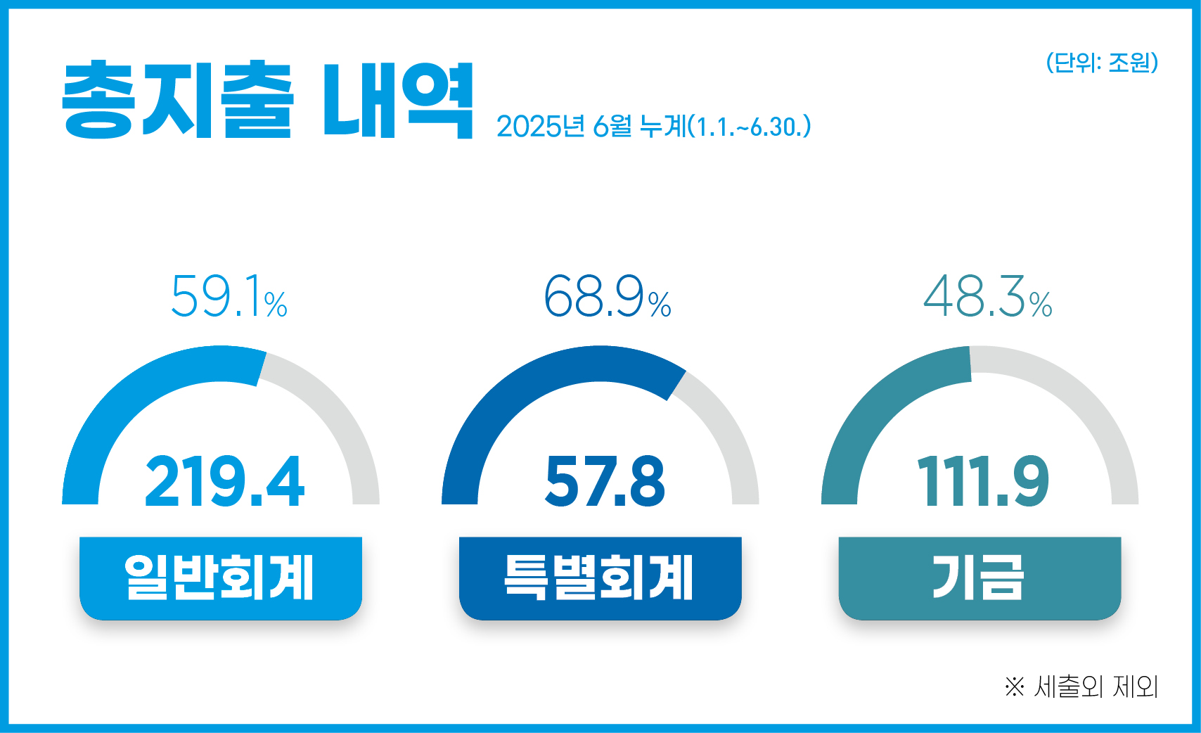 총지출 내역 2025년 6월 누계(1.1.~6.30.)
- 일반회계 : 219.4조원(59.1%) 
- 특별회계 : 57.8조원(68.9%) 
- 기금 : 111.9조원(48.3%)
※ 세출외 제외