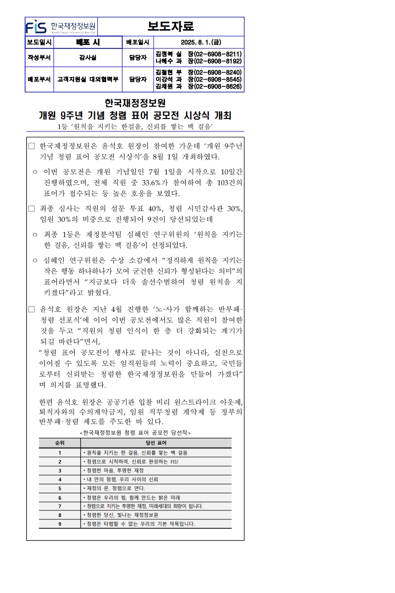 한국재정정보원 개원 9주년 기념 청렴 표어 공모전 시상식 개최 보도자료